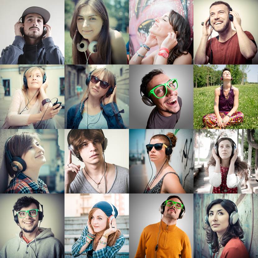Collage van verschillende mensen die met een koptelefoon op naar muziek luisteren